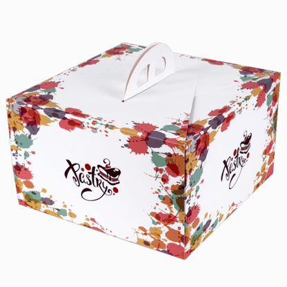 White Stock Print Cake Boxes with Handle- 10" x 10" x 6" - 100 Case